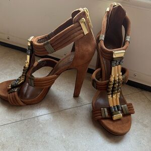 Tory Burch Beaded sandal pumps with zip back.